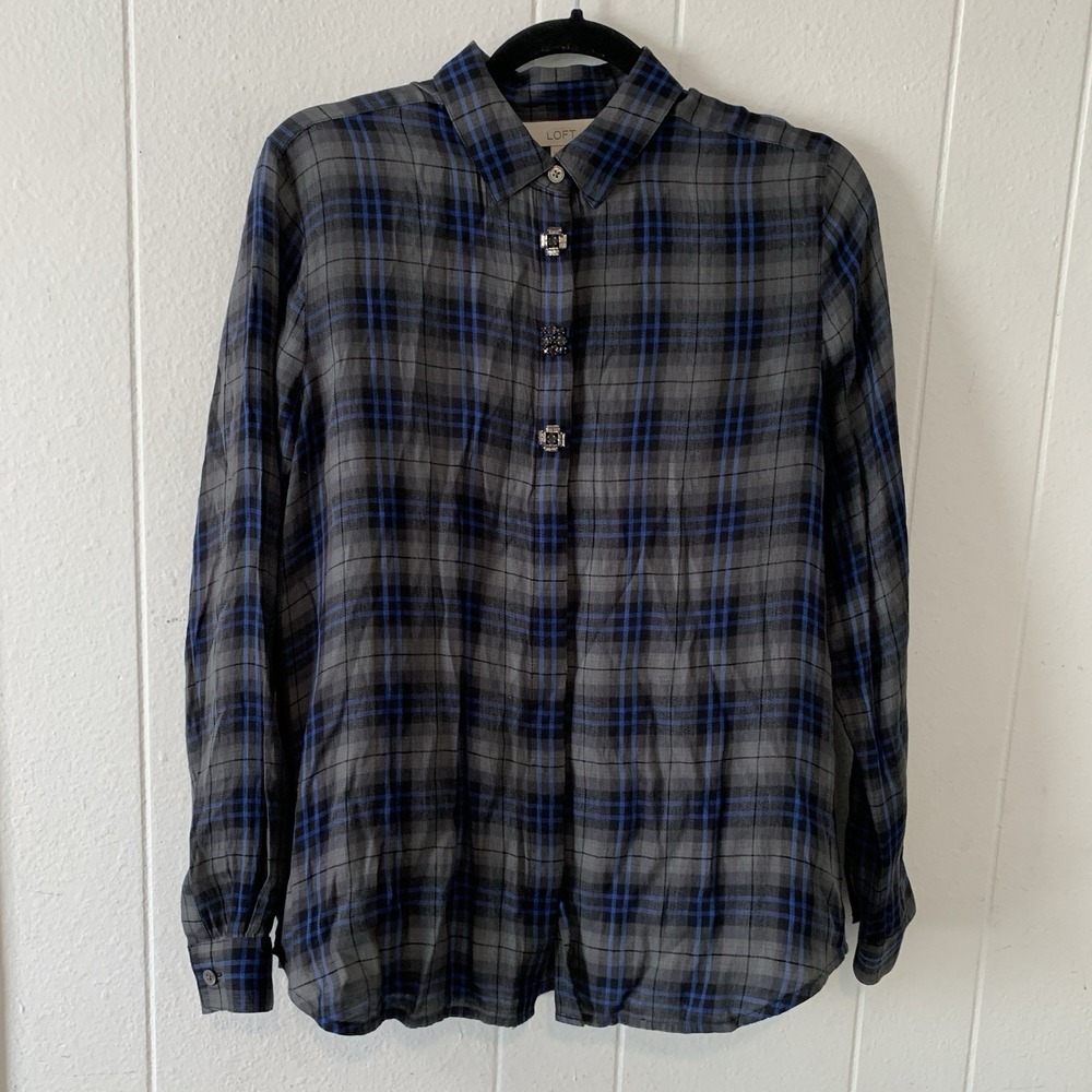 Talbots Womens Medium Shirt Button Up Plaid Jeweled Buttons Flowy Grey Blue